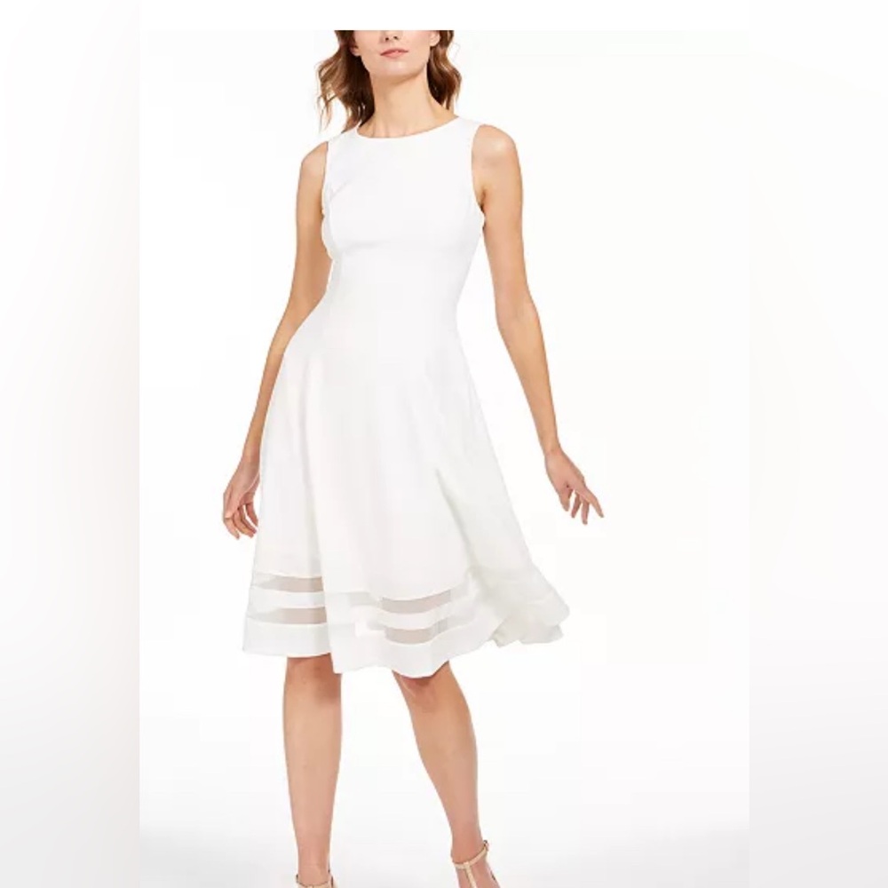 💚💙🌼NWT CALVIN KLEIN MESH INSERT DRESS. Elegant White Sleeveless Dress - Picture 1 of 9